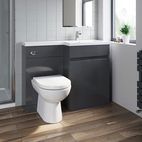 Grey Gloss Bathroom Furniture Vanity Unit Basin Toilet Unit Combination 1100mm Right Hand with Saturn Toilet Pan (1/5)