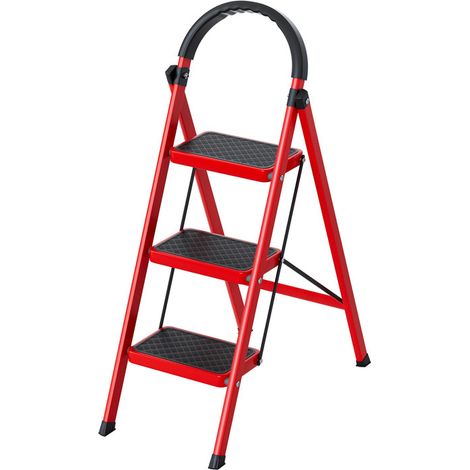 FIANAO – Trittleiter – Klapptritt – 3 Stufen, klappbar, hochbelastbar bis 150kg, platzsparend – für Haus, Wohnmobil und Außenarbeiten – Maße: 90 × 52 × 38 cm – Rot (1/5)