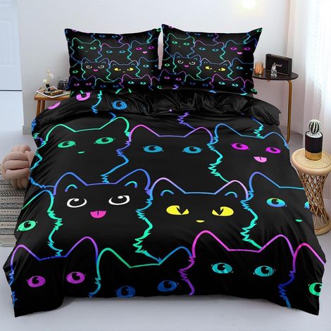 Ensemble de literie 140x200cm avec taie d'oreiller 70x90cm, chat noir, microfibre
