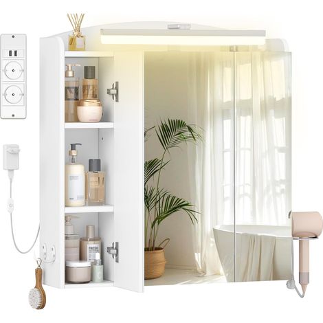 Specchio Bagno Contenitore, Mobiletto a Specchio con LED e Presa Multipla 2AC+2USB, Porta Asciugacapelli e Ganci, Interruttore e Spina, Ripiani Regolabili, Bianco (1/5)