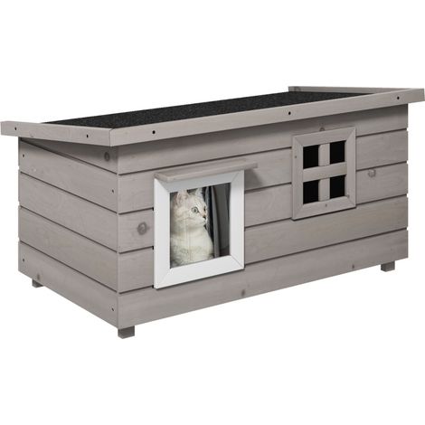 CHICFURN Caseta para gatos de madera 87 x 52 x 44 cm gris, techo bituminoso, para jardín y balcón (1/5)