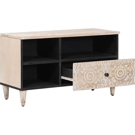 Meuble TV Blanc 80 x 33,5 x 46 cm Bois de mangue massif (1/5)