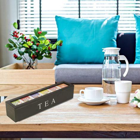 Boîte à thé en bois noir, coffret de rangement compartimenté, emballage élégant multi-cases pour thés divers (1/4)