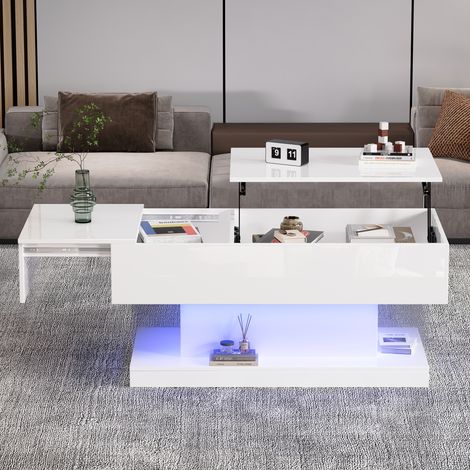 Table basse 100x50x45 cm avec LED,surface semi-relevable,coulisse latérale et élévation hydraulique. Espace de rangement optimisé.-Chi