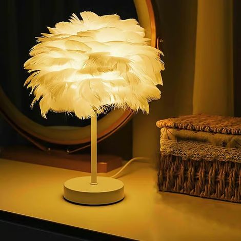 Lampe de table blanche en plumes, lampe de chevet avec base en bois, lampe de bureau en plumes pour la chambre à coucher, décoration intérieure 240796 (1/5)