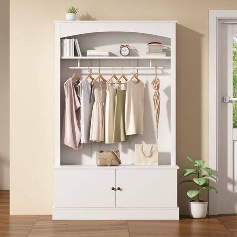 Mueble recibidor con banco zapatero, mueble de almacenaje para pasillo con perchero multifunción 5 en 1, 120 x 40 x 190 cm, Blanco (1/5)