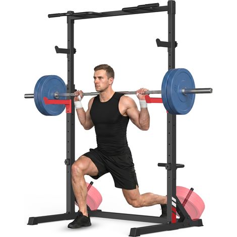 Rattantree - Squat Rack Regolabile - Rack squat réglable - avec double support - Porte-disques et Barre de Tractions - multi-fonctions 5-en-1 - Charge max 300 kg - 120x80x 140-220 cm - en Acier