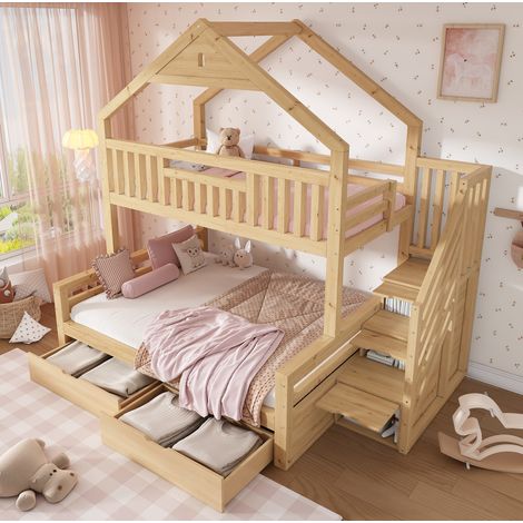 Letto a castello 90x200 e 140x200 cm rovere in legno con tetto a capanna, scala contenitore e 2 cassetti (1/5)