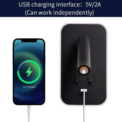 LED-Wandleuchte, Nachttischlampe mit Schalter, USB-Ladeanschluss, Stimmungsbeleuchtung fürs Schlafzimmer, verstellbarer Spot (3 W 3000 K + 9 W 6000 K), schwarz (1/2)