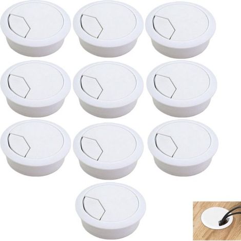 10 unidades, Pasacables para escritorio, Pasacables de plástico, la oficina, soportes de TV y escritorios, Blanco, 60x20 mm (1/5)