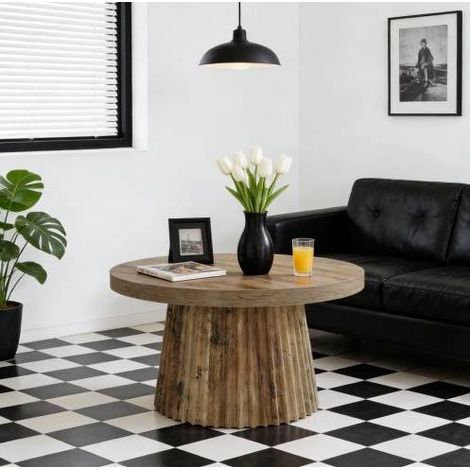 Mesa de centro redonda de MDF marrón, 80 cm, diseño moderno con base de columna acanalada (1/5)