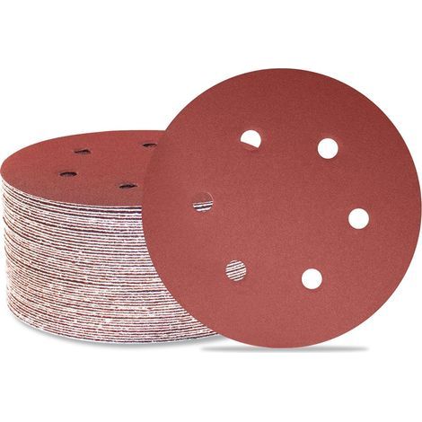 Lot de 50 disques de ponçage 150 mm 6 trous Grain 180 Papier abrasif Orbital aléatoire pour travail du bois, automobile, métal (1/5)