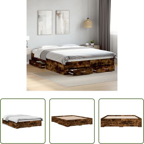 vidaXL Bois d'ingénierie - Cadre de lit avec tiroirs sans matelas chêne fumé 160x200 cm (1/5)