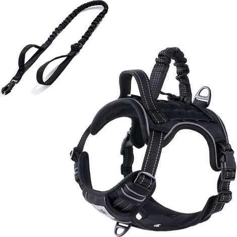 Harnais Tactique Chien Grande Taille Anti-Traction – Gilet de Sécurité Réglable avec Laisse Rétractable Intégrée, Ensemble Noir XL pour Chiens 35-60 kg
