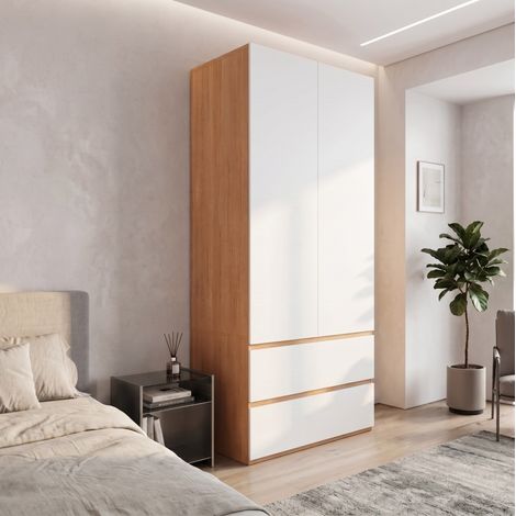 MODFU – Armario 90x50x200 cm de MDF/aglomerado con ropero, 2 cajones, compartimento superior y acabado blanco efecto roble – Blanco/roble (1/5)