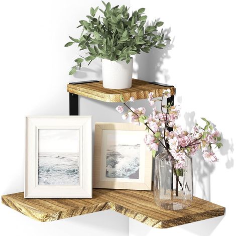 Étagère d'angle Murale Métal et Bois Massif de Paulownia Marron Style Vintage et Cottage, Pour Chambre à Coucher, Salon, Salle de Bain ou Cuisine (1/5)