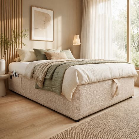 Polsterbett 90/190 cm in Natur-Beige aus Leinen mit Stauraum, USB/Type-C und Bettkasten (1/5)