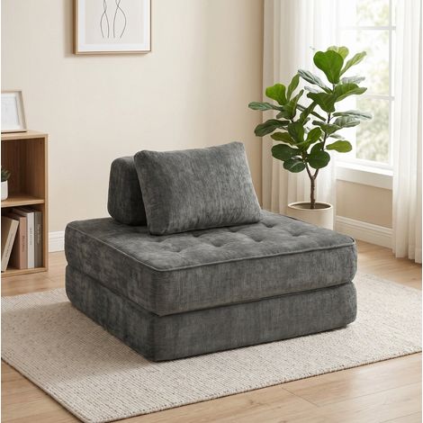 Sillón cama 2 en 1 plegable de chenilla gris 97 x 97 x 70 cm HAVRYA (1/4)