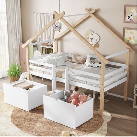 Lit cabane enfant 90x200cm avec toit, escalier et 2 tiroirs, lit enfant - pin avec barrières de sécurité, Blanc et Naturel (1/5)