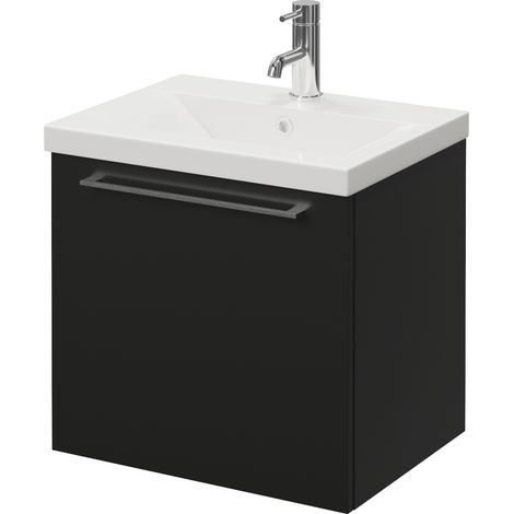 Napoli 390 Matt Black 500mm Wall Mounted Single Drawer Vanity Unit with Glide Basin - 500mm - Chrome 320mm Handle