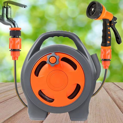 Enrouleur de tuyau d'arrosage portable 12 m, support mural, pistolet d'arrosage, tuyau d'arrosage, utilisable également pour le lavage de voiture
