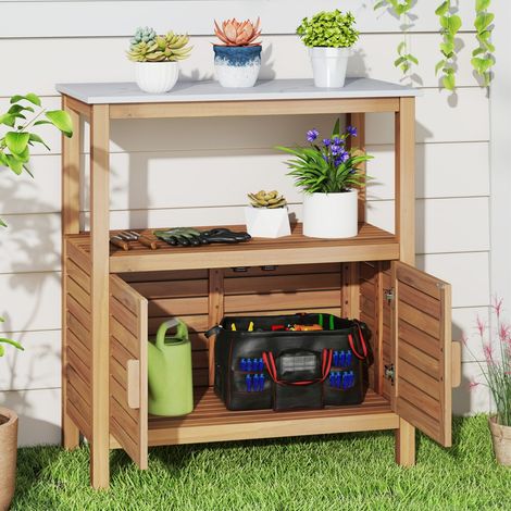 Table de Rempotage Extérieure Banc de Travail de Jardin en Bois d'Acacia avec Plateau en Résine Étagère de Rangement Naturel (1/2)