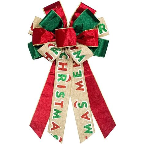 Grand nœud de Noël pour couronne, nœuds de velours vert et rouge pour décoration de porte d'entrée, mur, clôture, nœud de couronne avec inscription "Merry Christmas" (1/4)