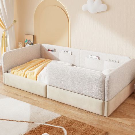 Cama tapizada moderna 90x200 cm en MDF y terciopelo blanco con detalles PU, cabecero, barandillas y bolsillos (1/5)