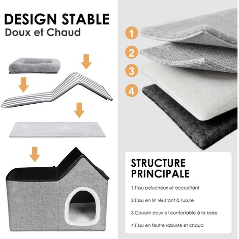 Niche pour Chat Maison Intérieure Confortable avec Coussin Amovible et Toit Repos (1/5)
