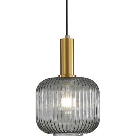 Suspension luminaire en verre gris, finition laiton doré, lustre vintage suspendu intérieur, lampe suspendue pour salle à manger, cuisine, salon, chambre (20 cm)