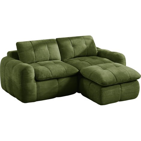 Modulares 2-Sitzer-L-Sofa aus grünem Chenille mit Pouf, Steppdesign und Antirutschbasis (1/5)