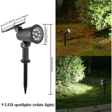 Projecteurs solaires à 9 LED (lumière blanche), étanches IP65, pour extérieur, luminosité réglable, compatibles avec jardin, allée, terrasse et pelouse. (1/5)