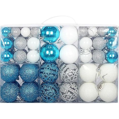 Lot de 100 boules de Noël en plastique robuste pour décoration d'intérieur et d'extérieur - Argent, bleu et blanc (1/3)