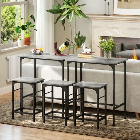 Conjunto de Mesa de Bar con 1 Mesa y 2 Taburetes, Tablero Efecto Madera, Estructura de Acero, Gris (1/5)