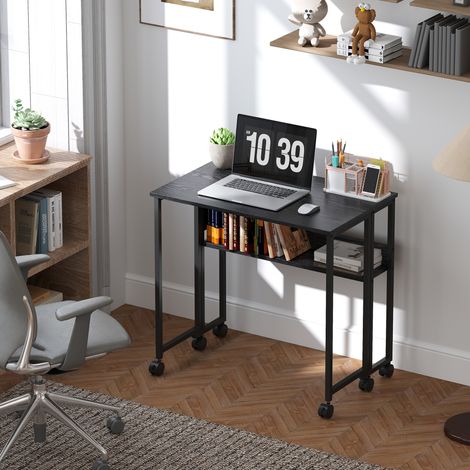 Escritorio Plegable con Ruedas Balda y Bolsillo de Almacenaje Ideal para Espacios Pequeños 80x50x75 cm Negro
