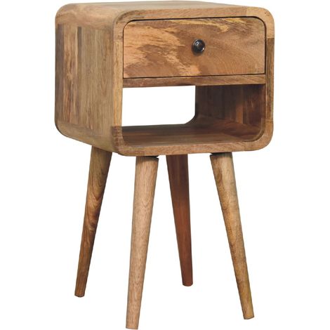 Petite table de chevet basse courbe en bois massif, aspect chêne, 1 tiroir et niche ouverte, marron