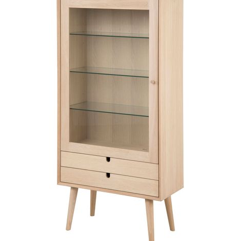 Canes Vitrine mit 1 Tür und 2 Schubladen aus Eiche Furnier und massiv Eiche, weiß gelaugt.