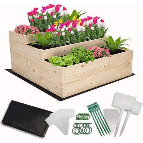 MODO24 Carré potager surélevé en bois, 3 niveaux en cascade, 45x90x93 cm, jardin/terrasse, kit jardinier inclus, naturel