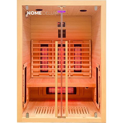 Home Deluxe – Cabine infrarouge SONORA M – 135 x 105 x 190 cm – 1 à 2 personnes – 6 émetteurs à spectre complet – Bois de sapin Hemlock – Écran intérieur