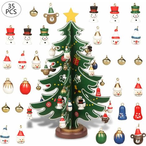 Mini sapin de Noël en bois de table avec 30 mini décorations de Noël et 1 cime d'arbre étoile pour décoration de Noël