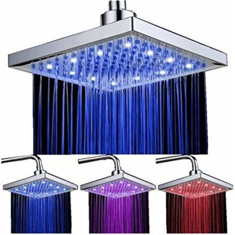Pomme de Douche LED 8 pouces Carré,Contrôle de Température, 3 Couleurs Changeantes,Finition Chromée ABS,Ensemble de 12 LEDs pour Salle de Bain (1/5)