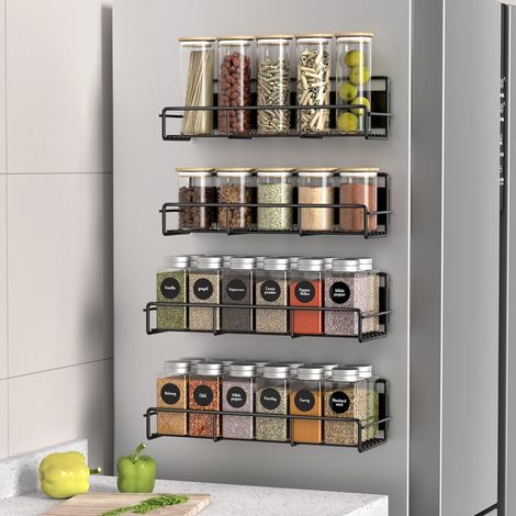 Lot de 4 étagères magnétiques à épices pour réfrigérateur et micro-ondes, étagère métallique pour la cuisine, noir (1/5)