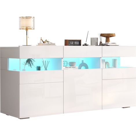 Commode 3 portes laquée blanc-7 étagères-éclairage LED incorporé-140x40,5x66,5cm (1/5)