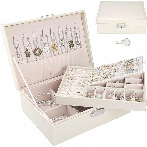 Boite à Bijoux Femme, Boite à Bijoux 2 Couches, Rangement pour Bijoux avec Serrure, Boite a Bijoux en Cuir Imperméable, pour Bagues Boucles d'Oreilles Colliers Bracelets (1/5)