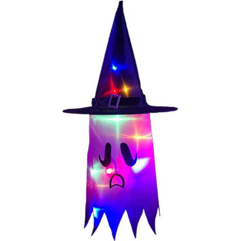 Guirlande lumineuse LED Halloween fantômes et chapeaux de sorcière suspendus, décoration extérieure pour arbre, porche, jardin.