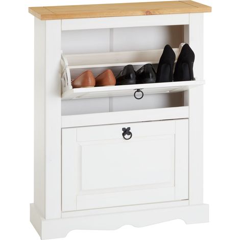 Idimex – Meuble à chaussures en pin massif blanc et brun – 2 abattants avec séparation intérieure – Pour 8 paires de chaussures – Dimensions 95 x 73 x 26 cm