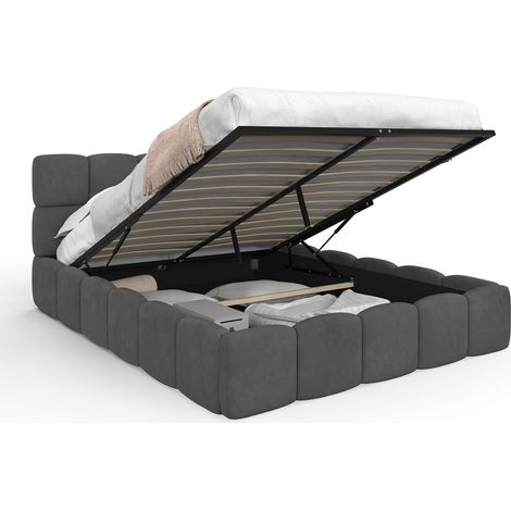 Doppelkastenbett NUAGE mit gestepptem Kopfteil und Lattenrost 140 x 190 cm Velours grau