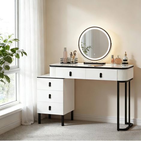Toeletta con specchio LED girevole 360°, 5 cassetti, 100 x 125 x 40 cm, nero e bianco DESVIAE (1/5)
