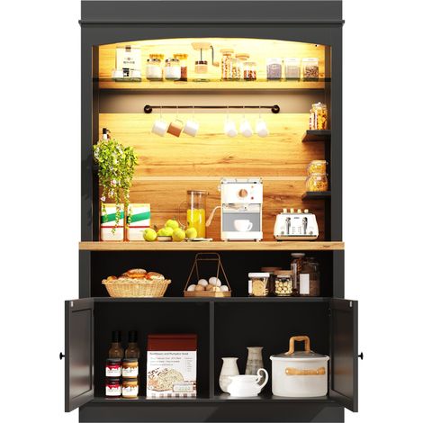 ELVMI Credenza Alta da Cucina con 2 Ante, Ripiani Aperti, 6 Ganci e LED, in MDF e Metallo, 107x43x184 cm, Nero (1/5)