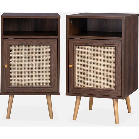 Mesita de noche escandinava con efecto madera y caña, set de 2